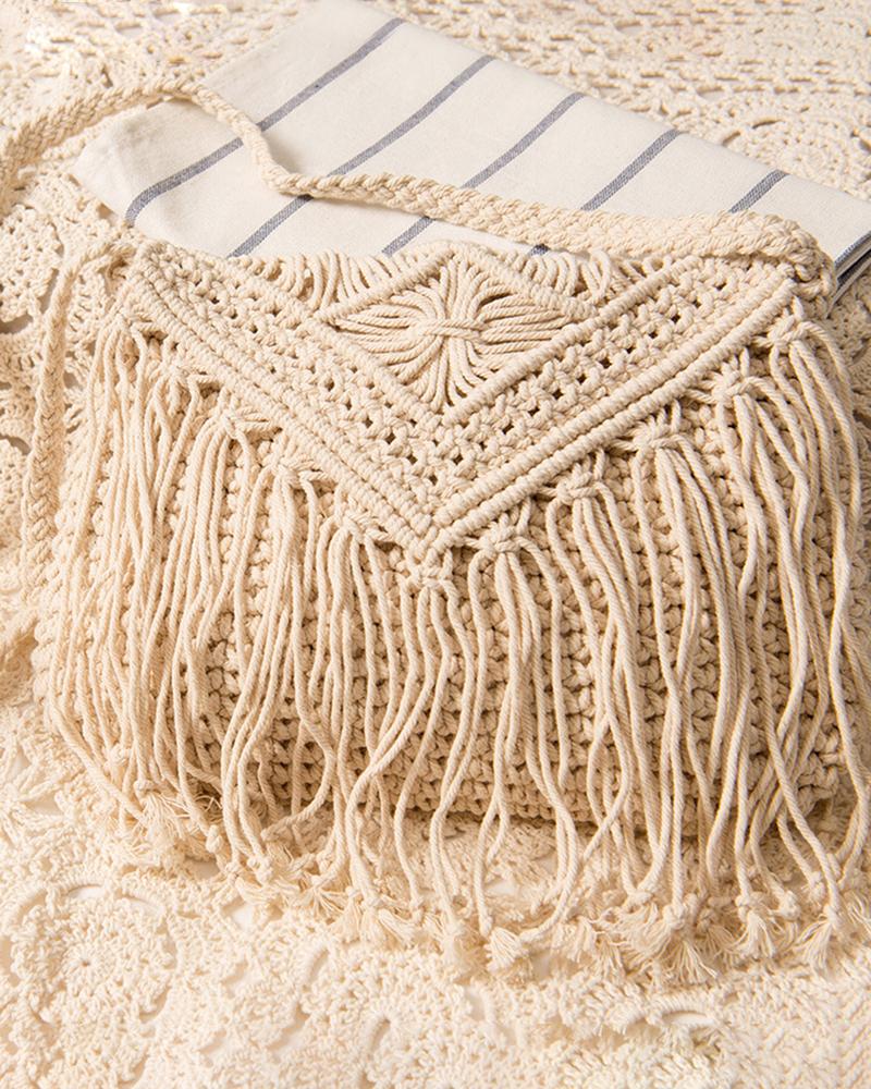 

Crochet Braided Tassel Decor Shoulder BeachBag, White