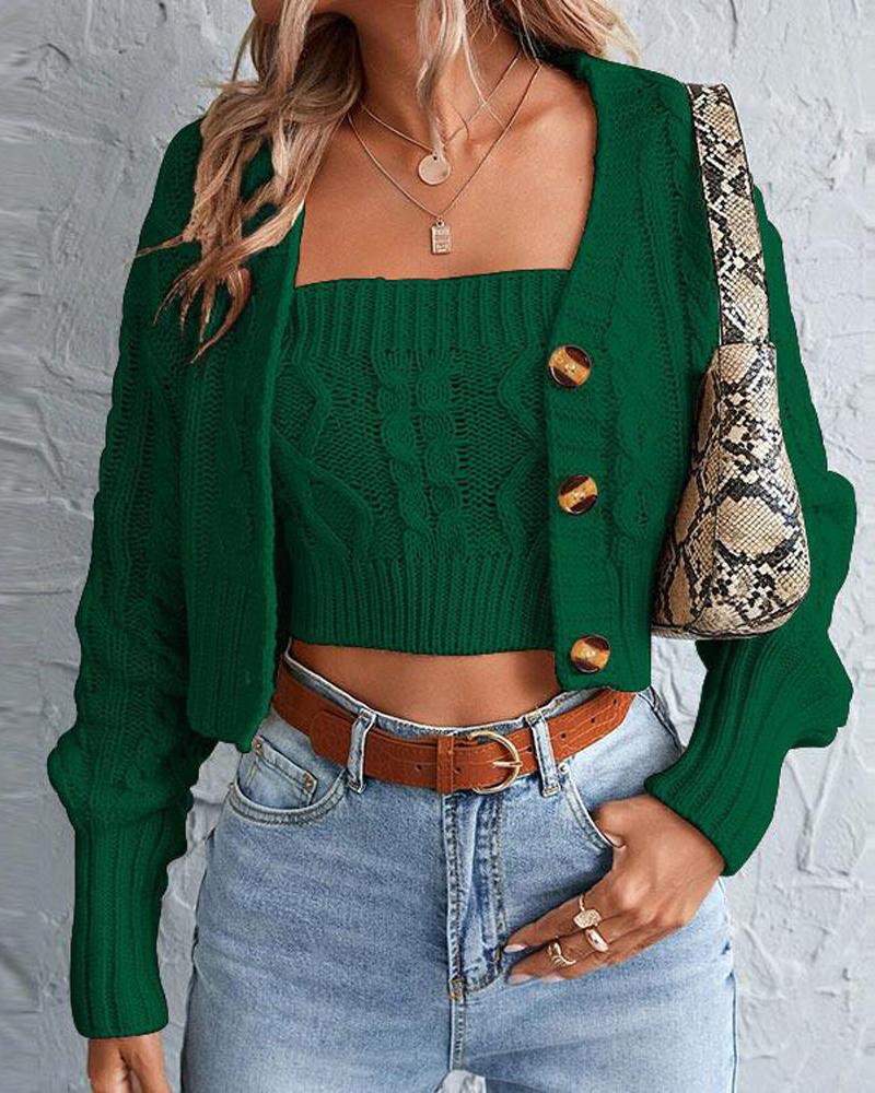 

Long Sleeve Cable Knit Cardigan With Crop Top, Green