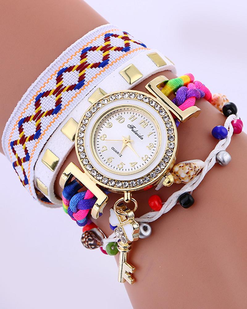 

1pc Tribal Studded Beaded Stackable Bangle Quartz Watch, White