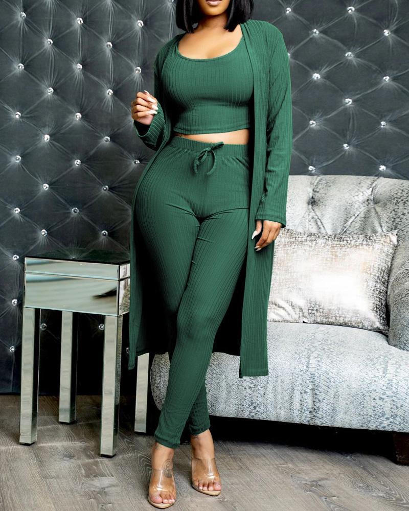 

3PCS Ribbed Crop Top & Pants Set With Longline Coat, Green