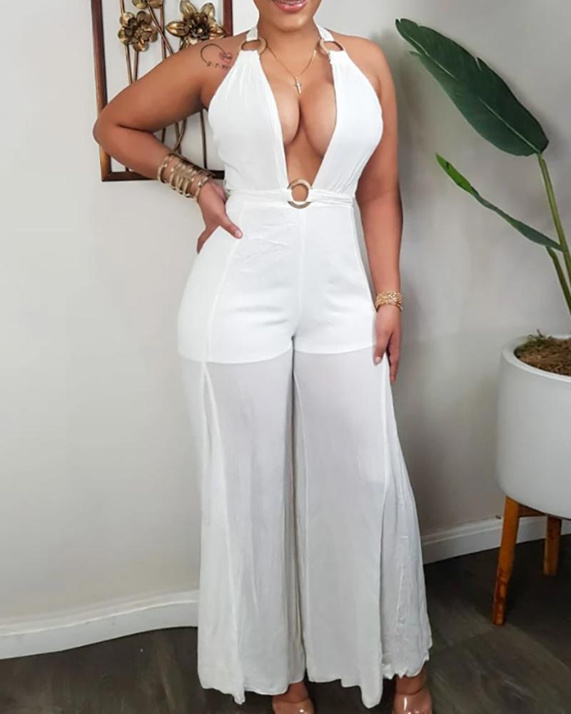 

O-Ring Decor Halter Wide Leg Mesh Jumpsuit, White