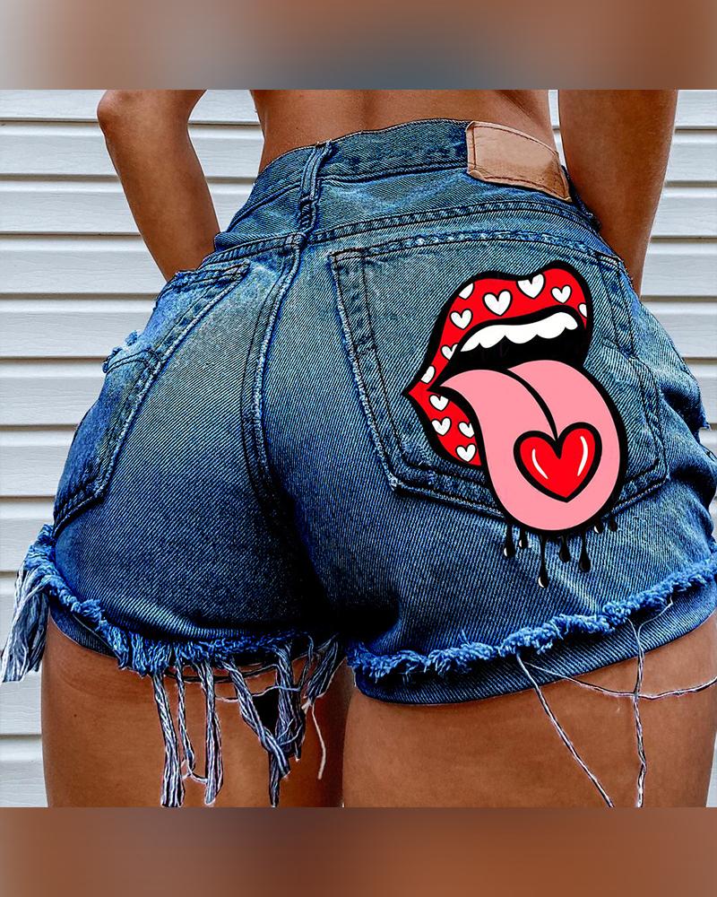 

Solid Color Splicing Lip Print Ripped Denim Short Pants, Dark blue