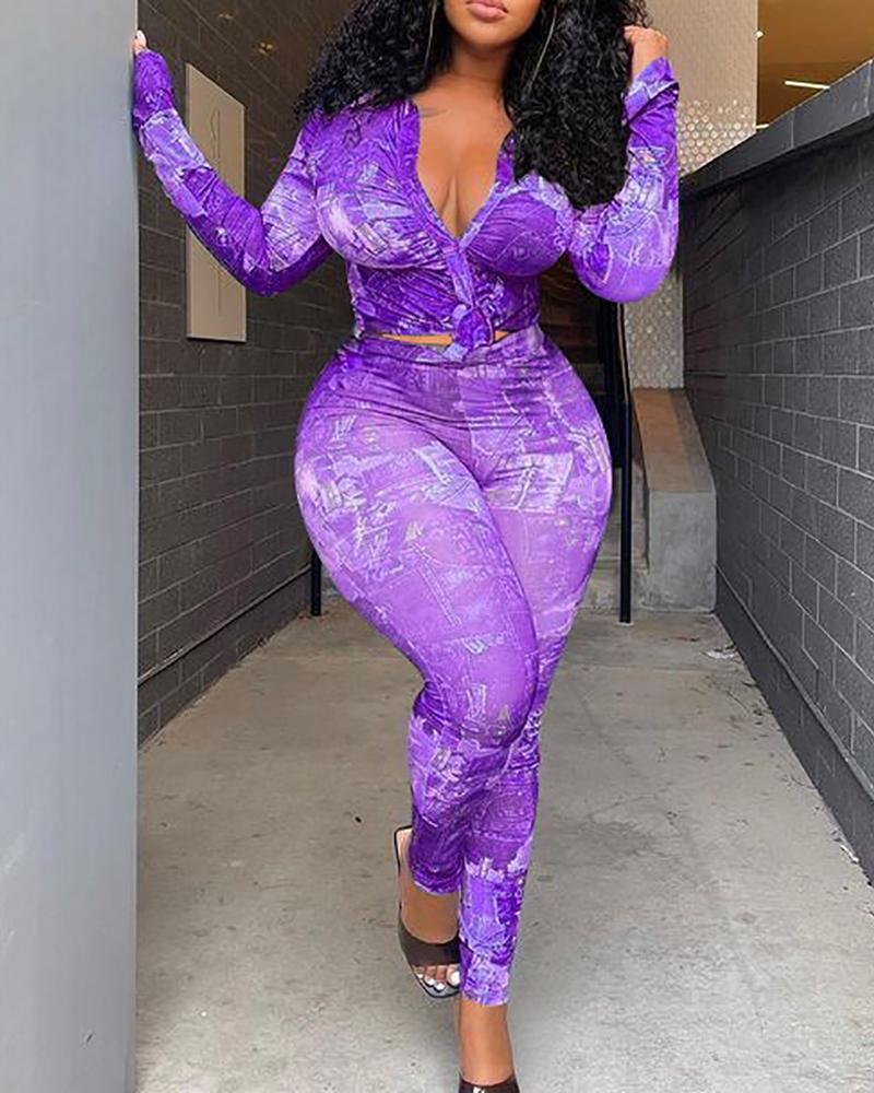 

Plus Size Graphic Print Bell Sleeve Top & Pants Set, Purple