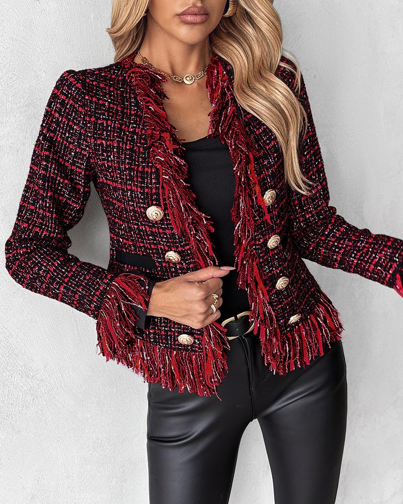 

Tassel Design Buttoned Tweed Coat, Red