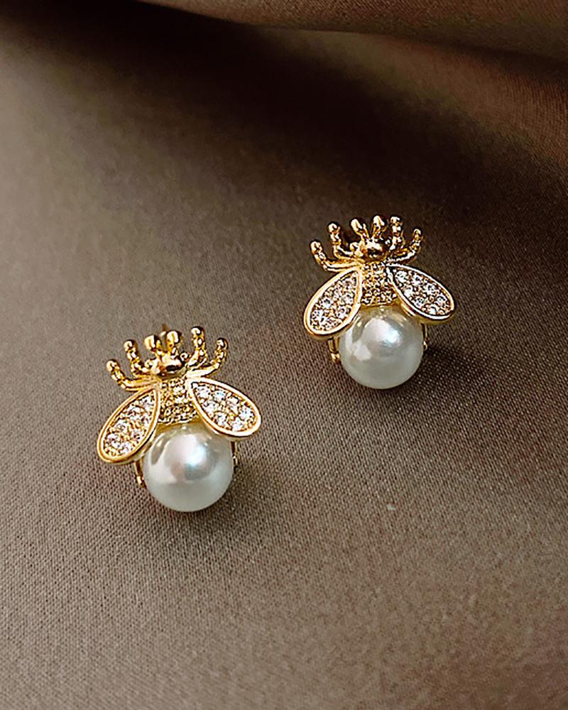 

1Pair Rhinestone Bee Pearls Earrings, Gold