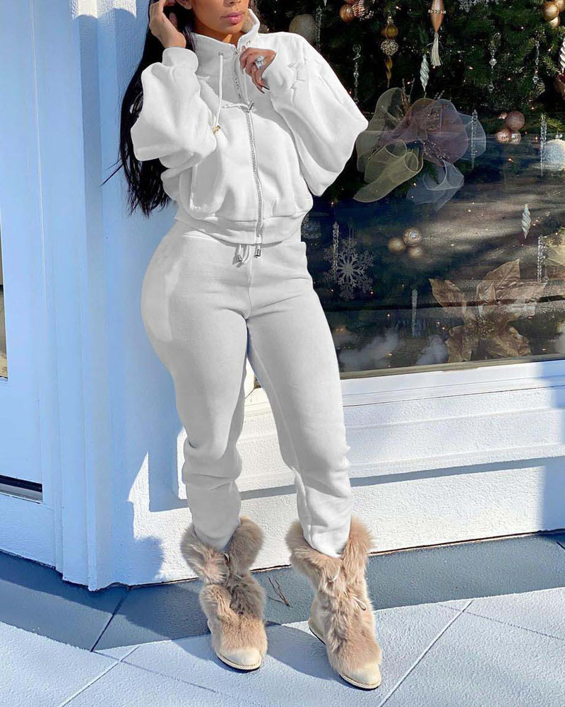 

Long Sleeve Zip Up Top & Drawstring Pants Set, White