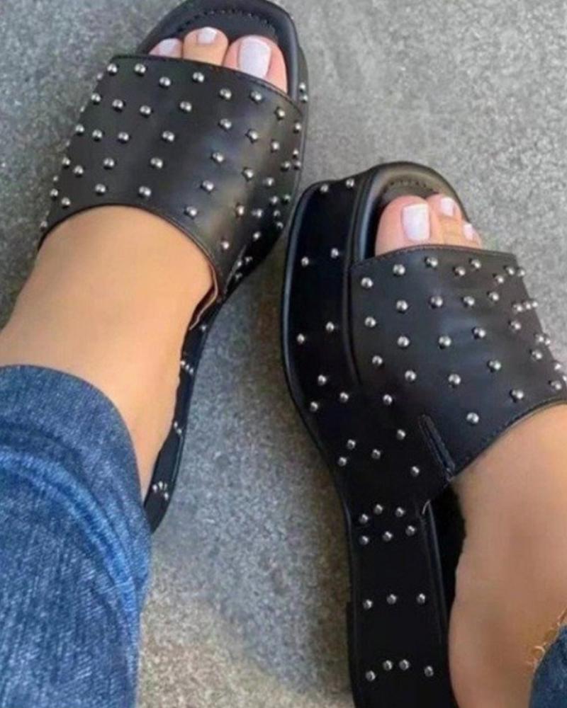 

Studded Square Toe Platform Slippers, Black