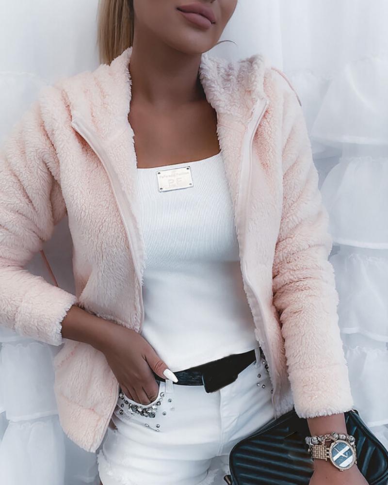 

Fluffy Zip Front Long Sleeve Hooded Coat, Pink