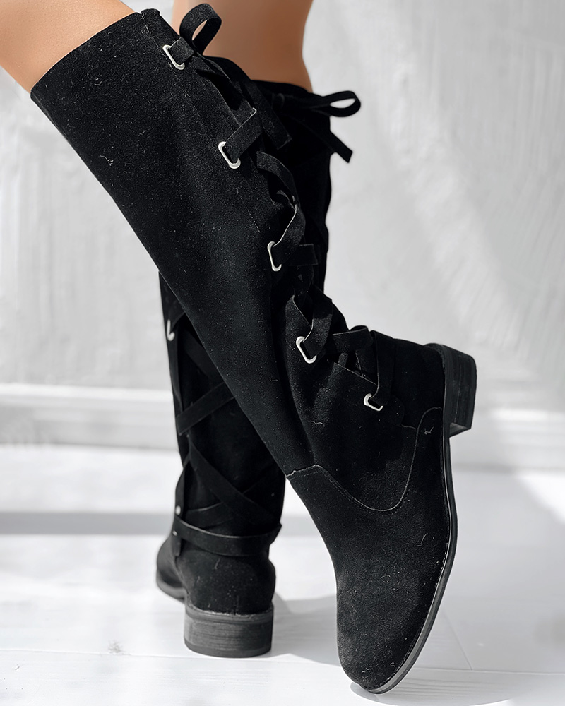 

Eyelet Lace-up Back Calf Boots, Black