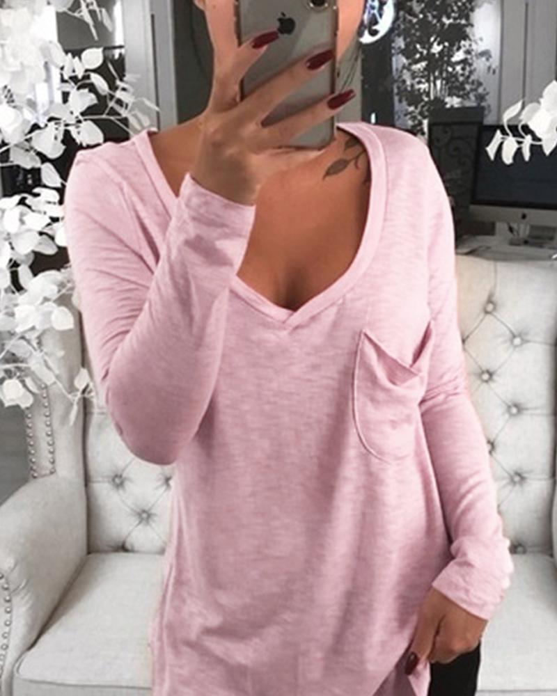 

V-Neck Chest Pocket Long Sleeve T-Shirt, Pink