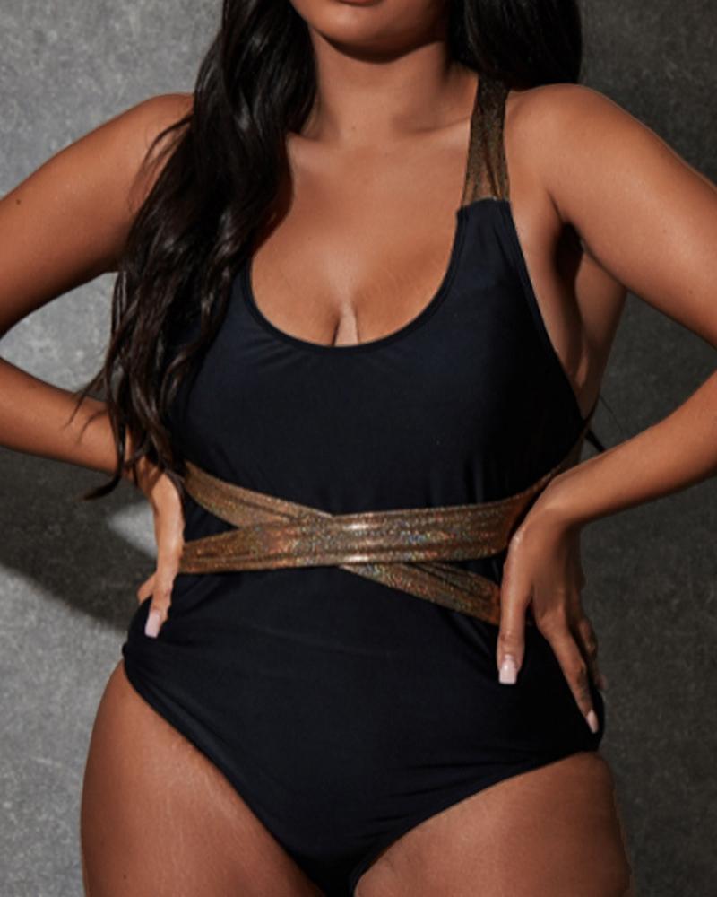

Plus Size Crisscross Backless Tied Detail One-Piece Swimsuit, Black