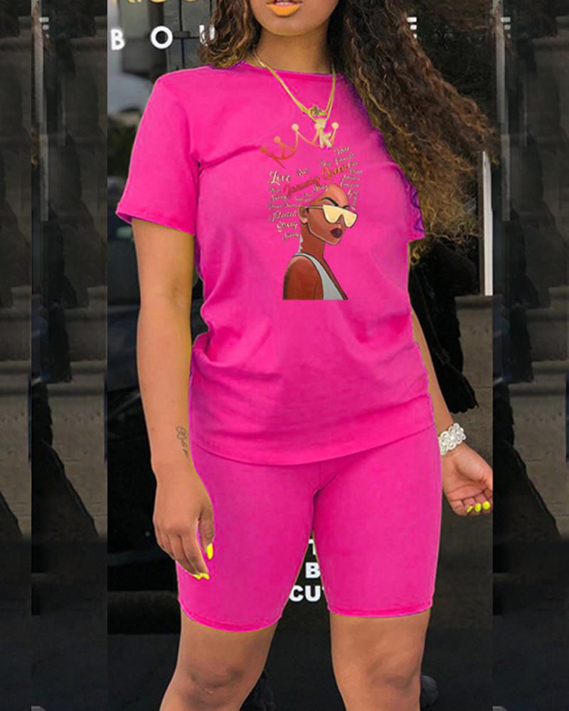 

Queen Print Short Sleeve T-shirt With Short Pants Suit Sets, Hot pink
