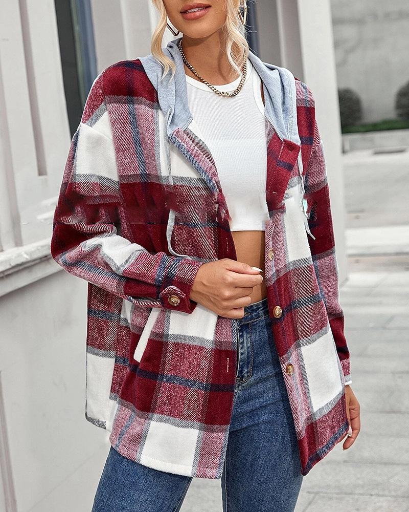

Plaid Print Buttoned Pocket Design Hooded Coat, Red