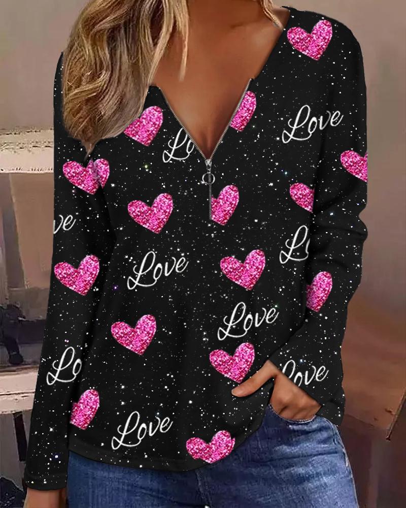 

Valentine' Day Love Heart Print Zipper Design Top, Black