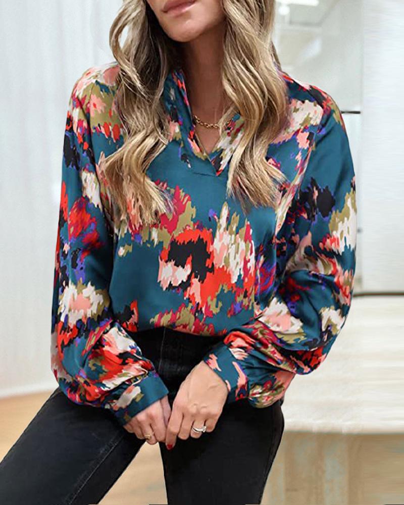 

Abstract Print Lantern Sleeve Top, Blue