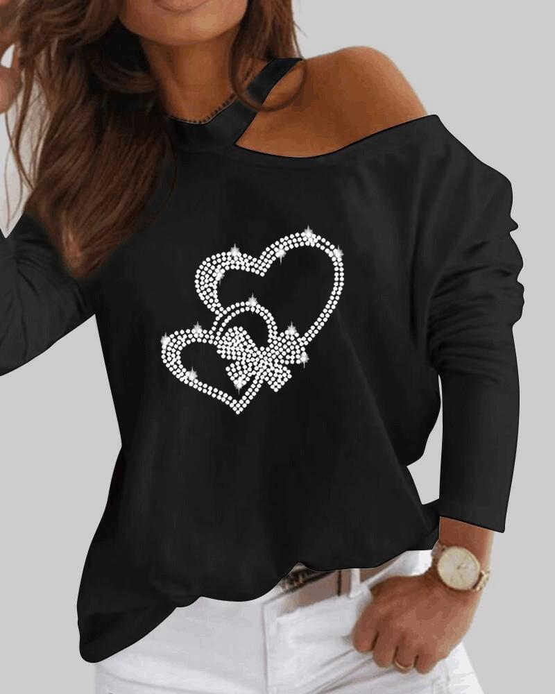 

Valentine' Day Rhinestone Heart Pattern Cold Shoulder Top, Black