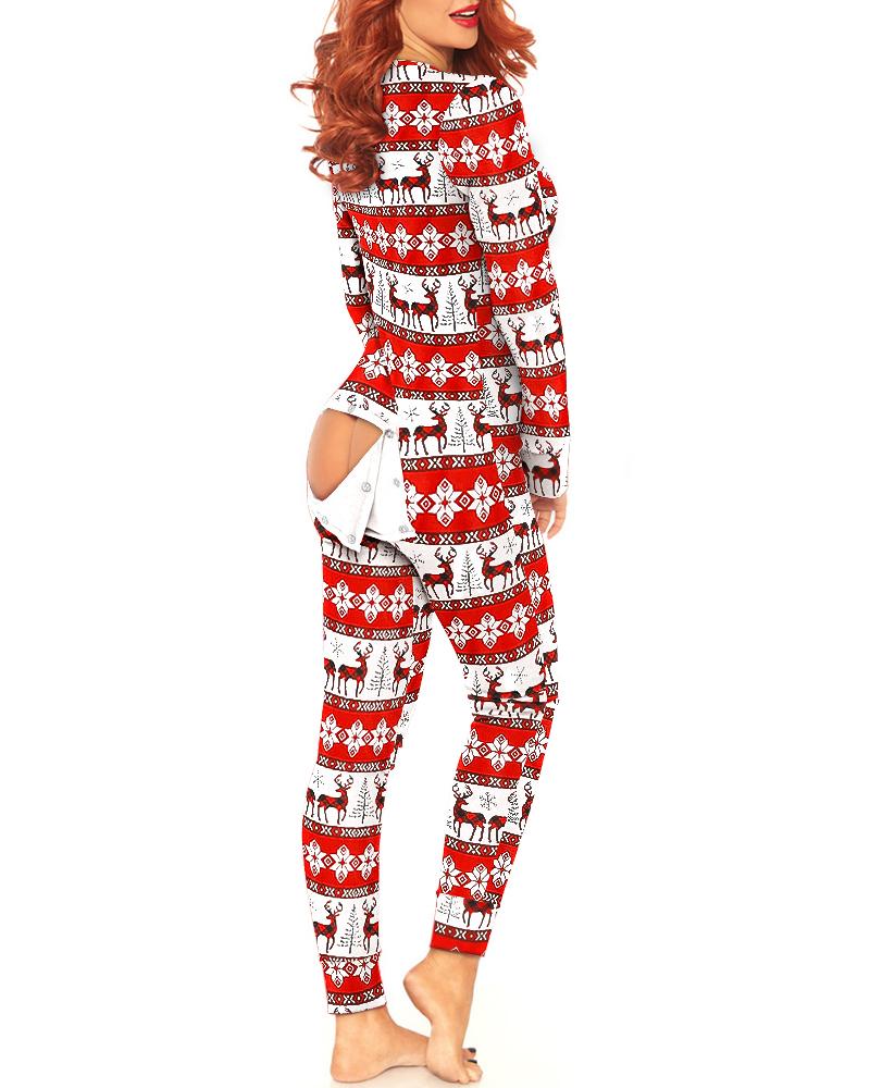 

Christmas Snowflake Elk Print Functional Buttoned Flap Adult Onesie, Red