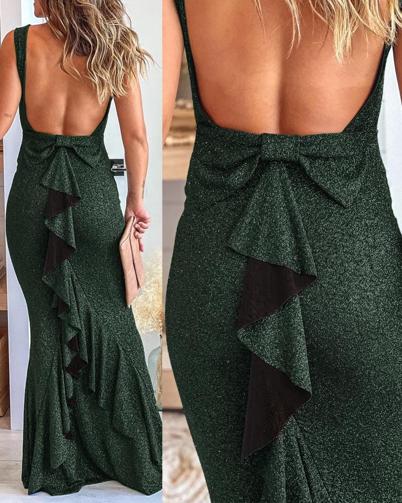 

Glitter Ruffle Hem Backless Mermaid Dress, Green