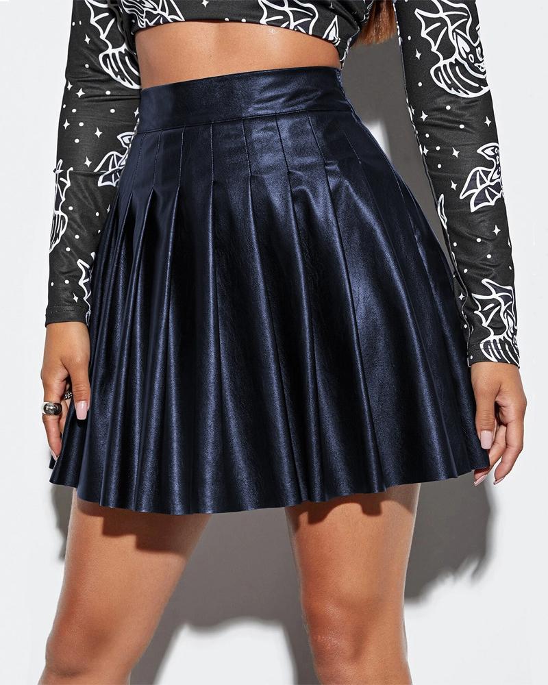 

High Waist Pleated PU Leather Skirt, Purplish blue