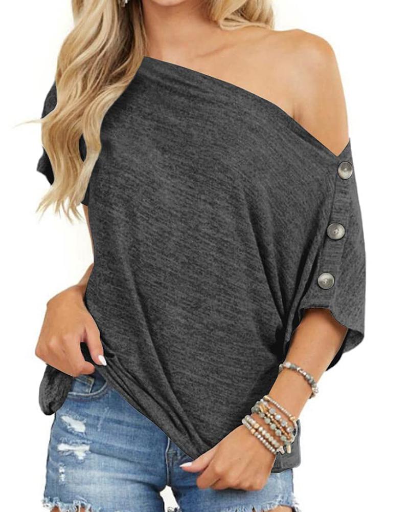 

Cold Shoulder Button Design T-shirt, Dark grey