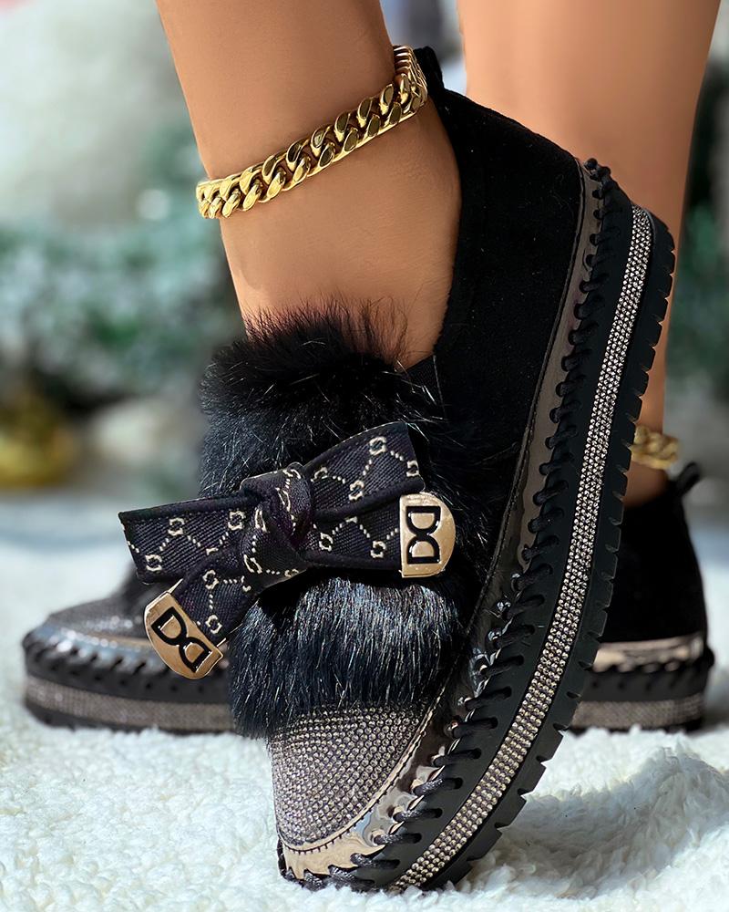 

Rhinestone Bowknot Design Platform Fuzzy Slip-On Loafers, Black