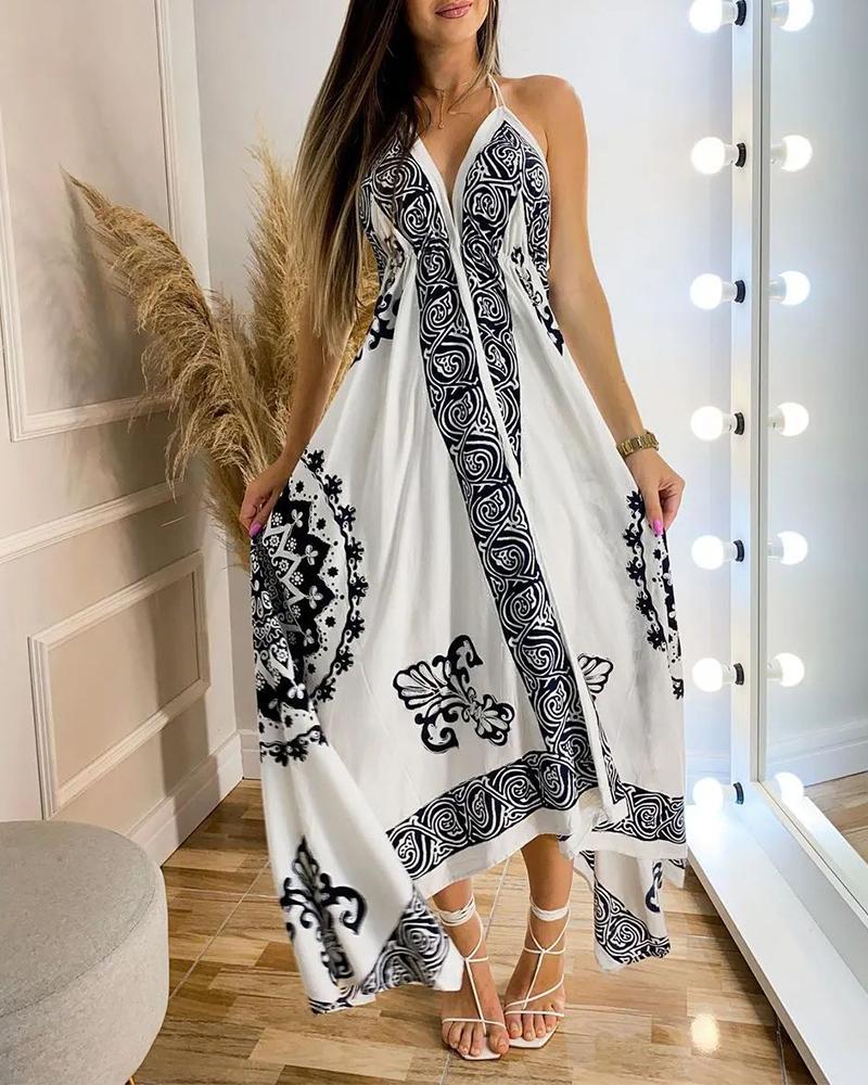 

Tribal Print Halter Backless Asymmetrical Dress, Blackwhite