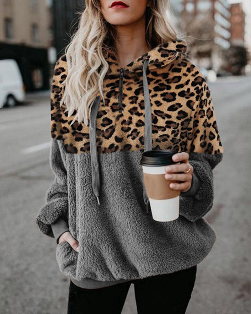 

Contrast Leopard Long Sleeve Fluffy Hoodie, Gray