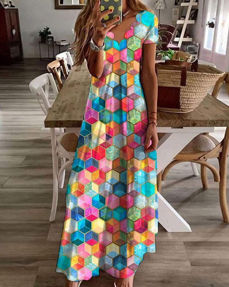 

Geometric Print Scallop Trim V-Neck Maxi Dress, Style1