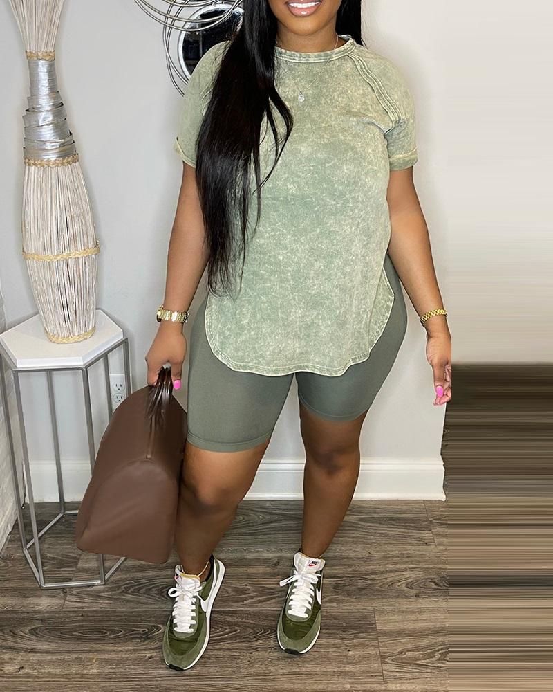 

Denim Look Print Slit Top & Causal Shorts Set, Green