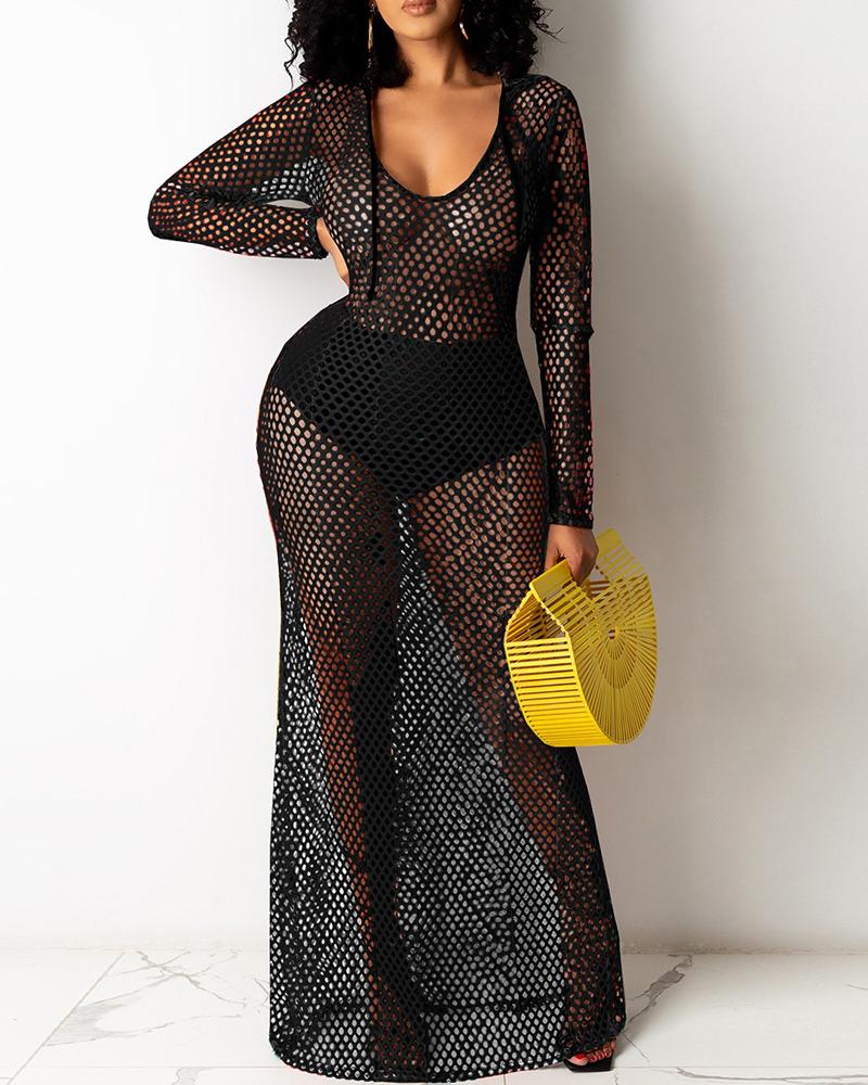 

Fishnet Mesh Long Sleeve Hooded Cover Up Dress, Black