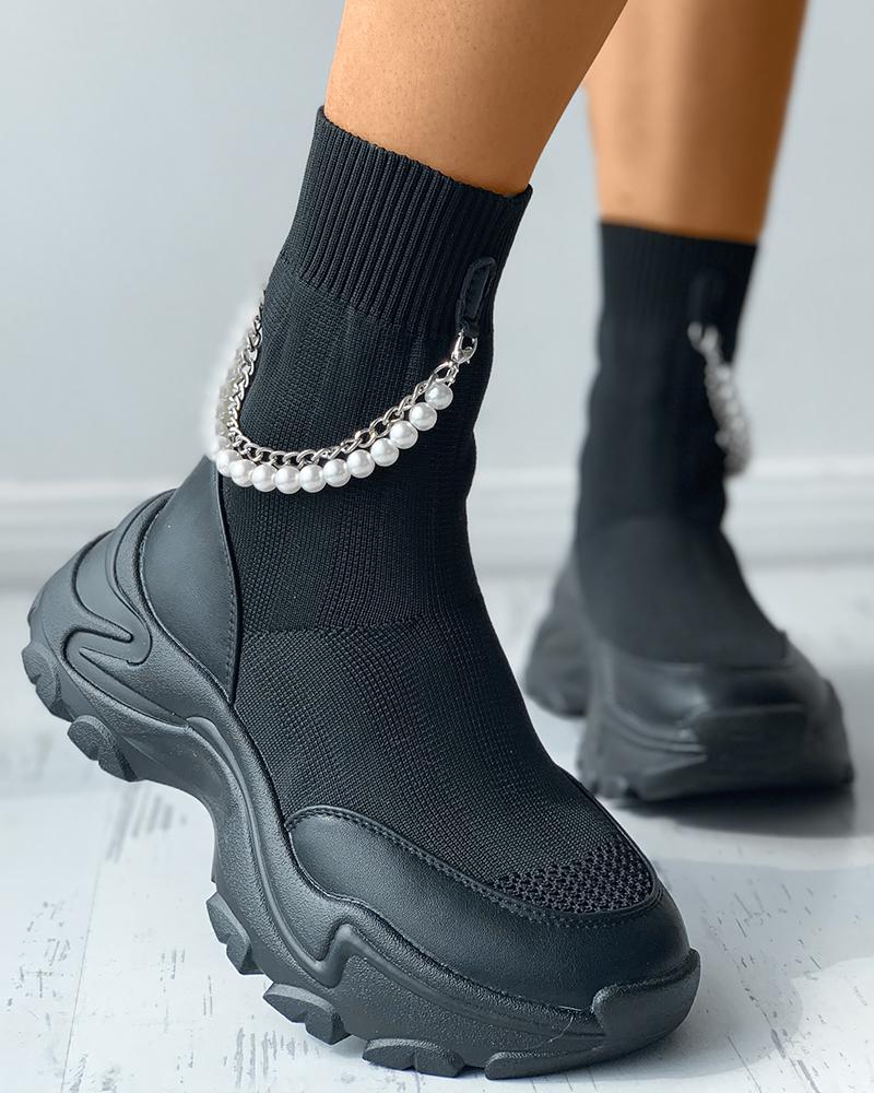 

Chain Beaded Strap Knit Chunky Socks Boots, Black