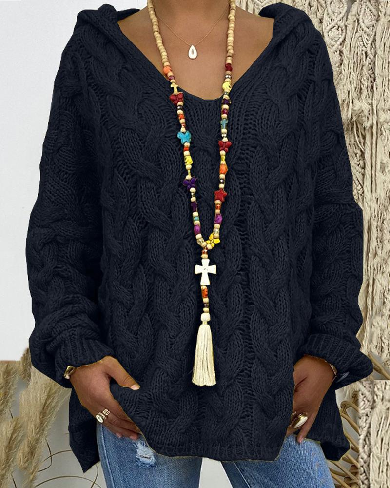 

Long Sleeve Hooded Cable Knit Sweater, Black