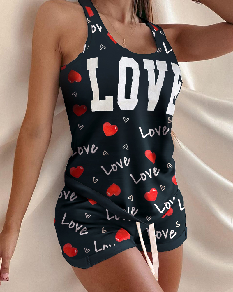 

Letter Heart Print Drawstring Tank Pajamas Set, Black