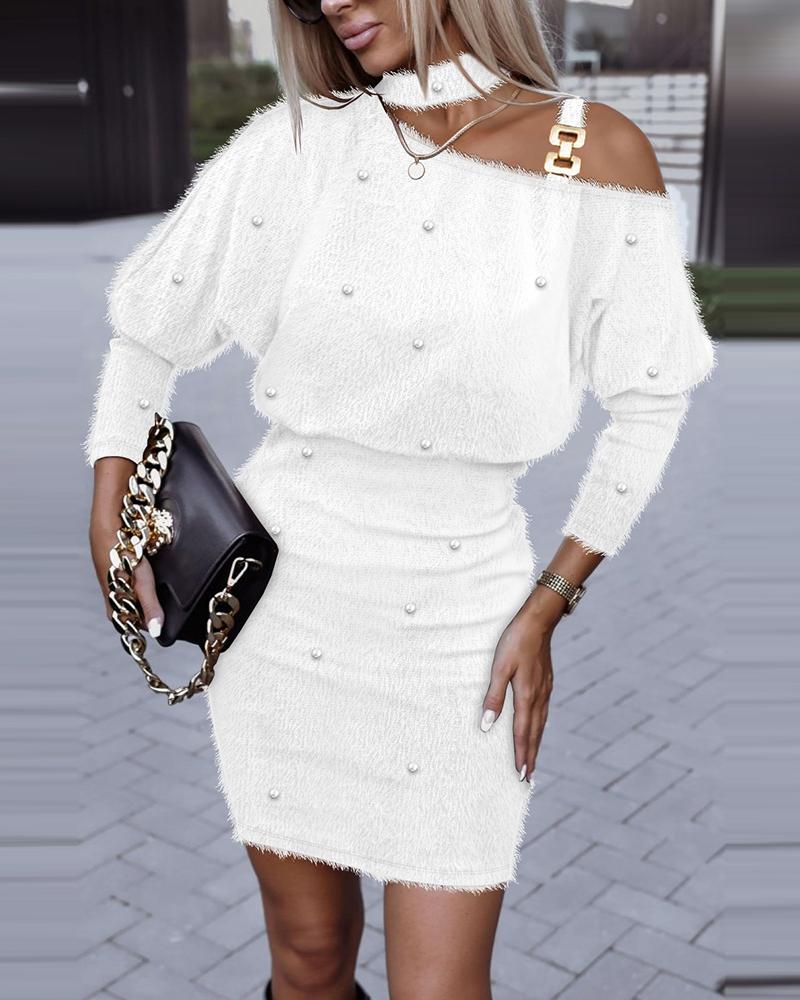 

Cold Shoulder Chain Decor Studded Casual Dress, White