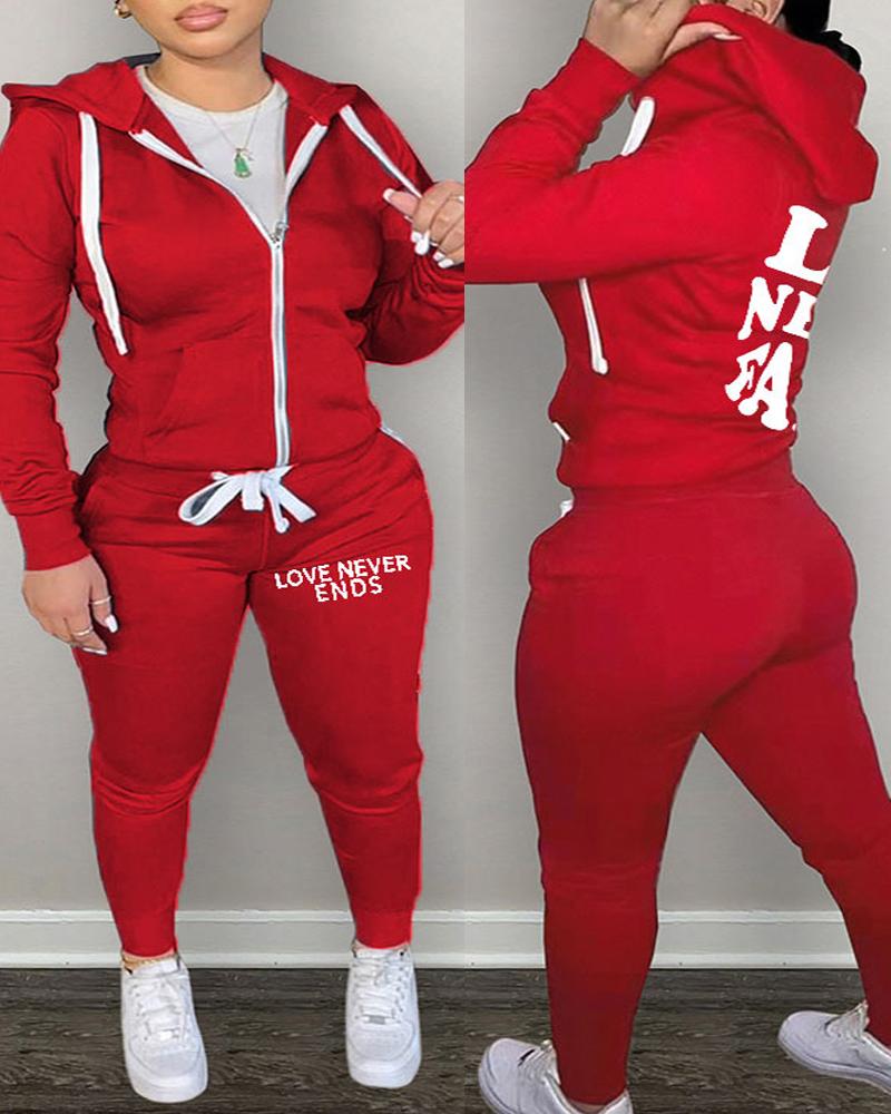 

Plus Size Letter Print Hooded Zip Up Top & Pants Set, Red