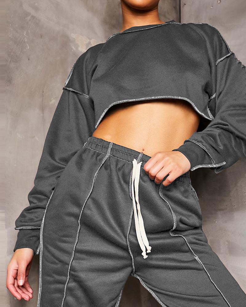 

Contrast Piping Long Sleeve Top & Drawstring Pants Set, Gray