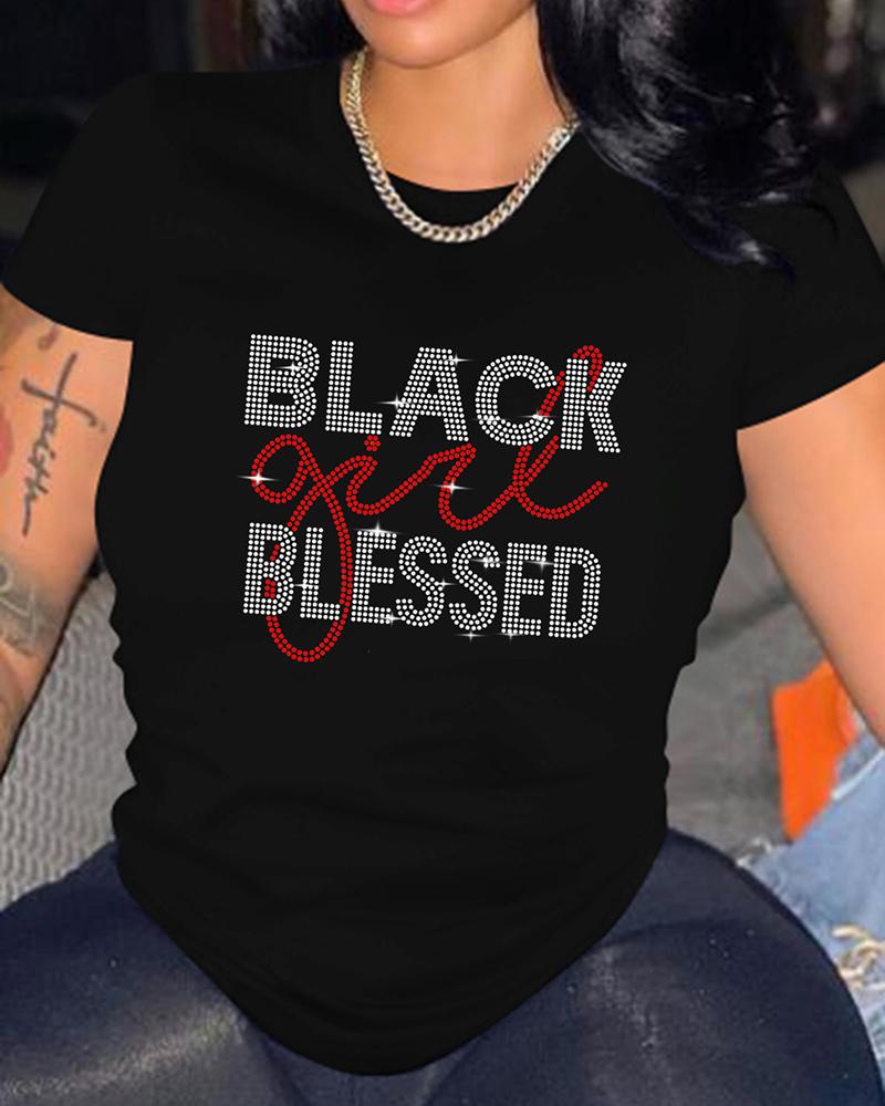 

O-Neck Rhinestone Letter Pattern T-shirt, Black