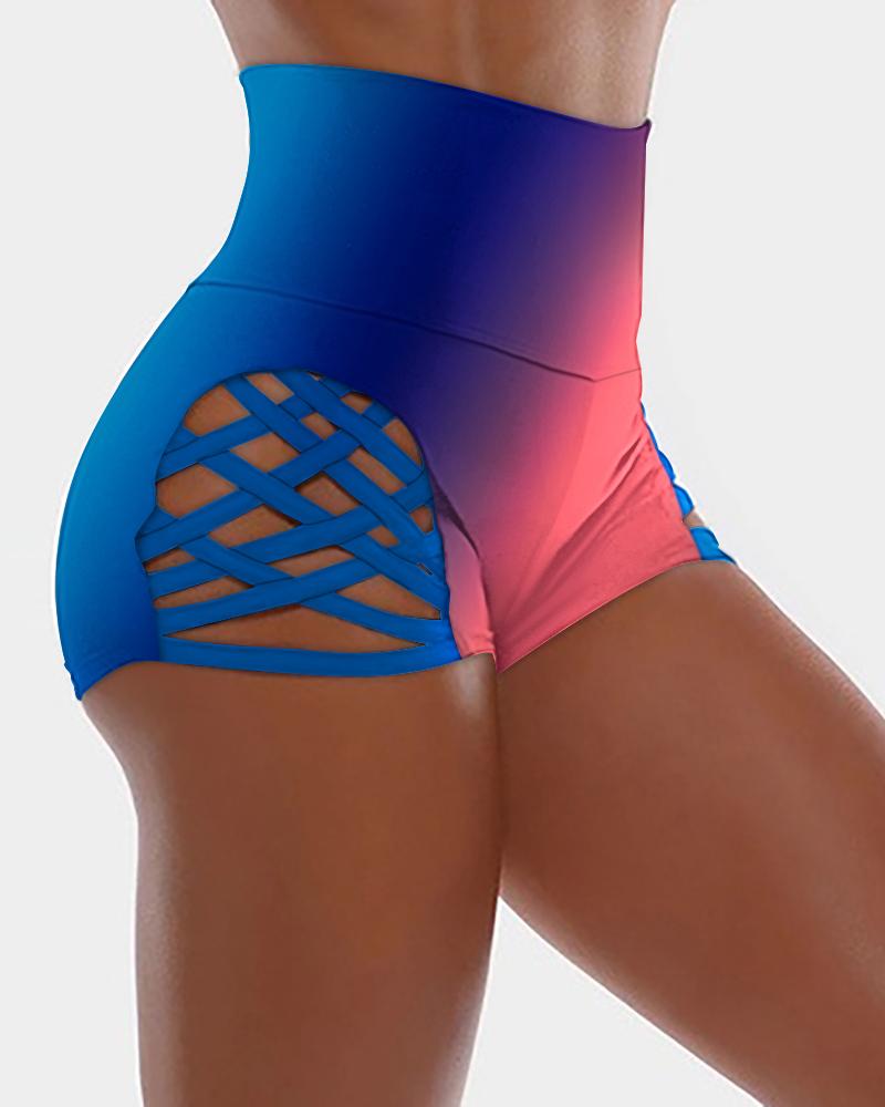 

Rainbow Ombre Hollow Out High Waist Shorts, Blue