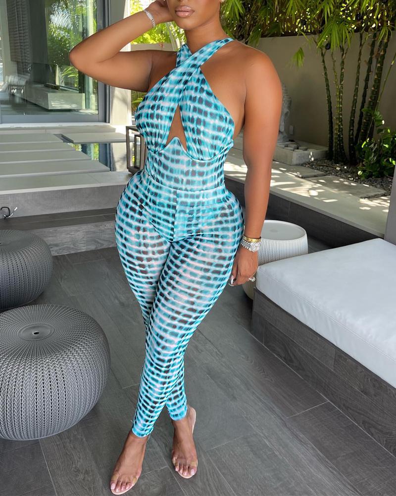 

Tie Dye Print Crisscross Cutout Skinny Jumpsuit, Blue