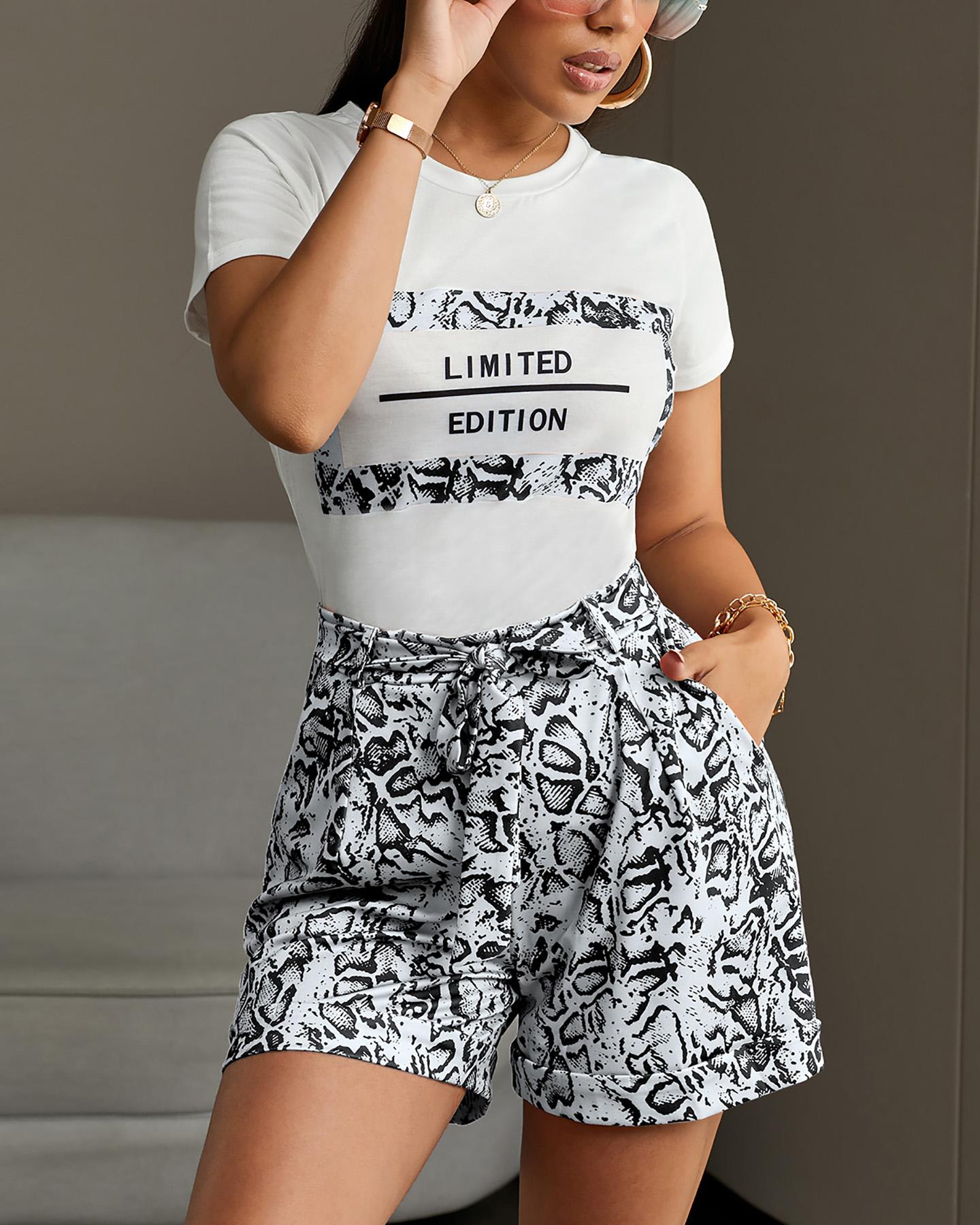 

Letter Short Sleeve Tee With Snakeskin Shorts Sets, Black