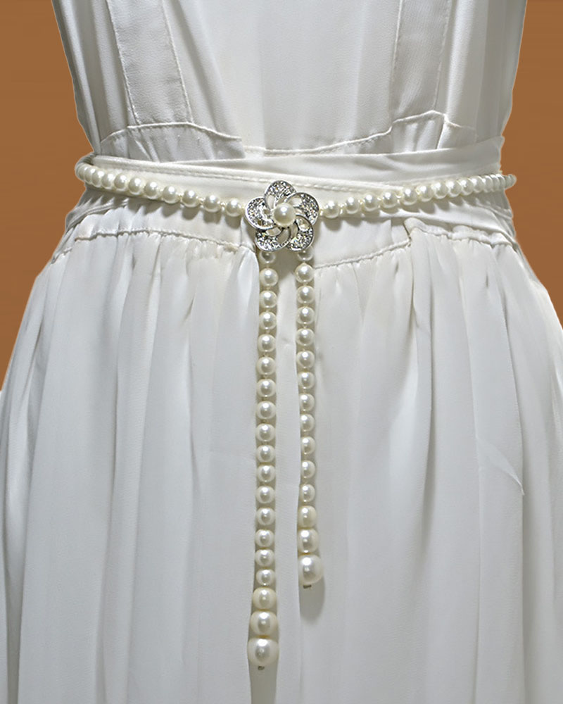 

1pc Allover Pearls Floral Decor Waist Chain, White