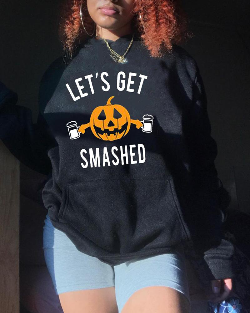 

Plus Size Halloween Pumpkin Print Long Sleeve Hoodie, Black