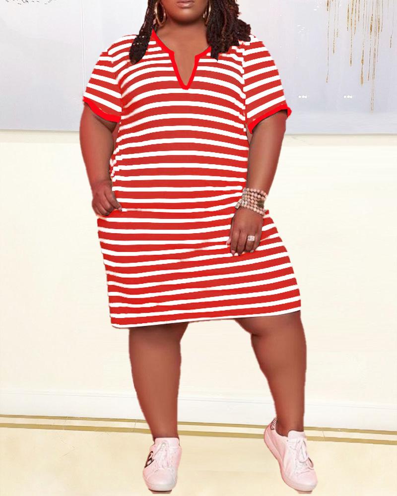 

Plus Size Striped Print V-Cut Casual Dress, Red