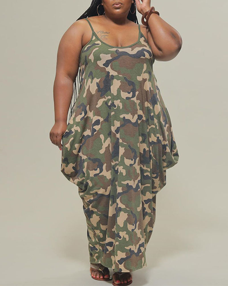 

Plus Size Camo Print Draped Detail Cami Maxi Dress, Green