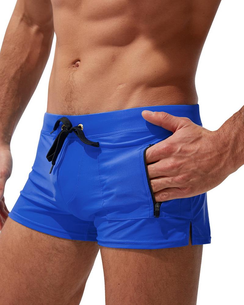 

Solid Color Drawstring Skinny Underpants With Pockets, Dark blue