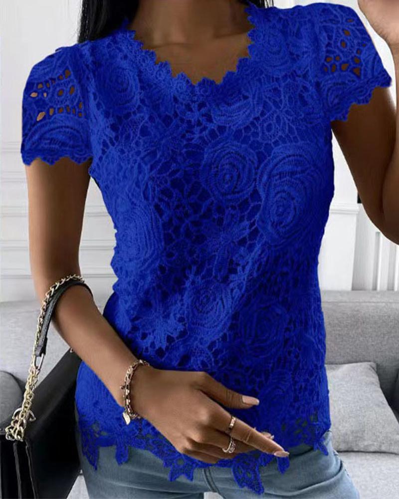 

Short Sleeve Embroidery Lace Top, Blue