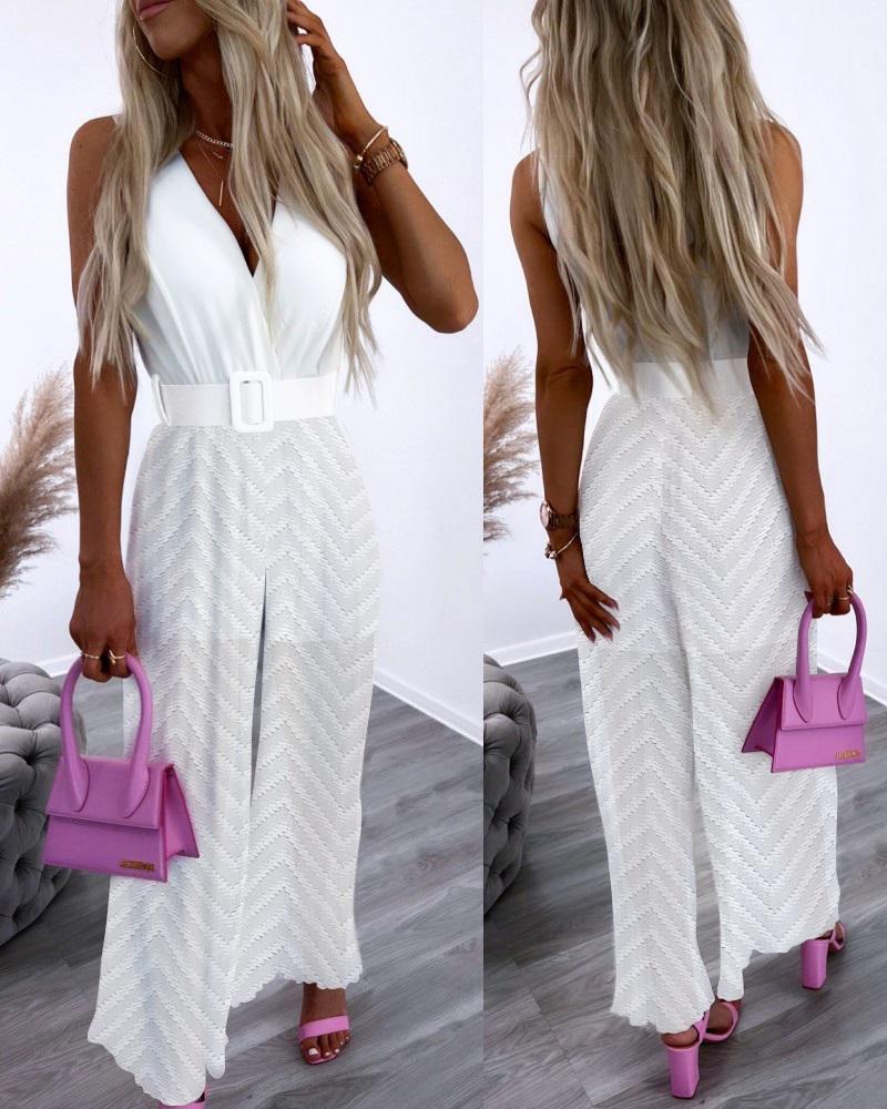 

Chevron Pattern Wide Leg Ruched Jumpsuit, White