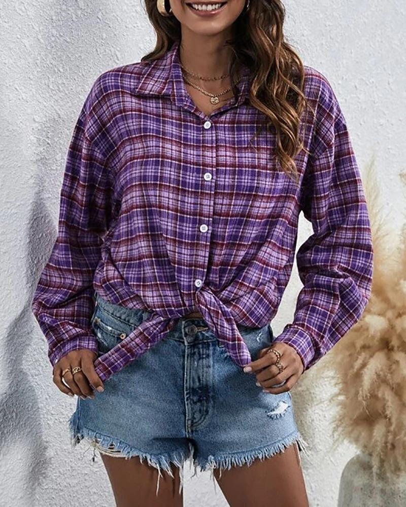 

Plaid Print Button Front Long Sleeve Shacket, Purple