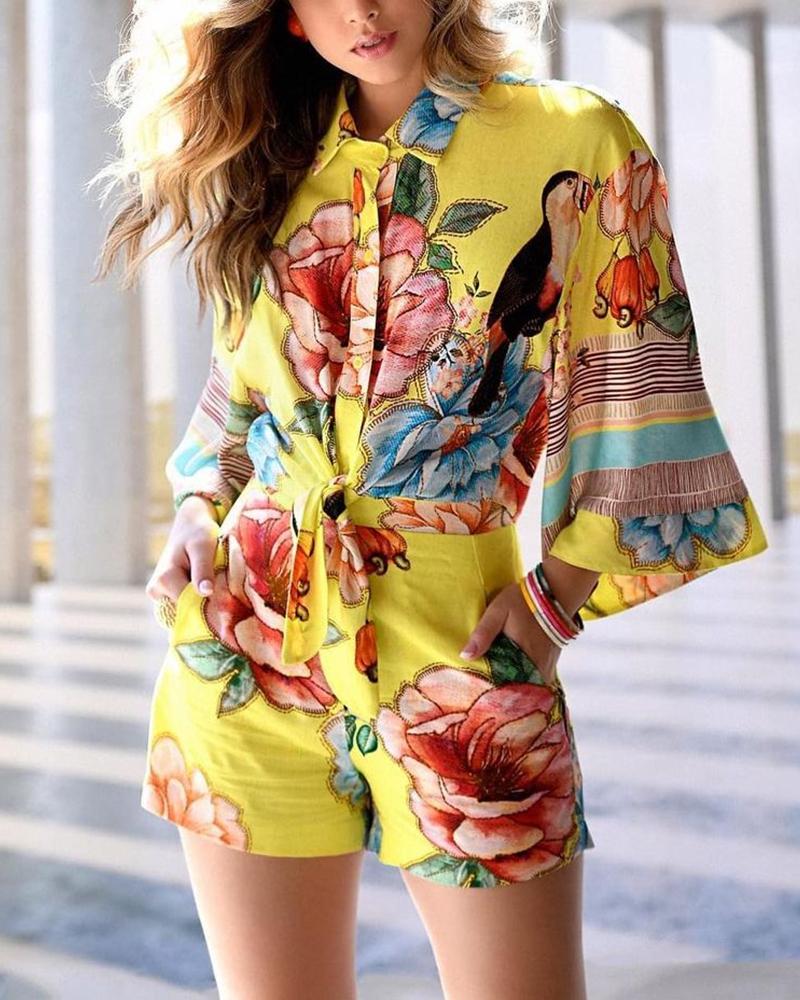 

Floral Print Button Tied Front Romper, Multicolor