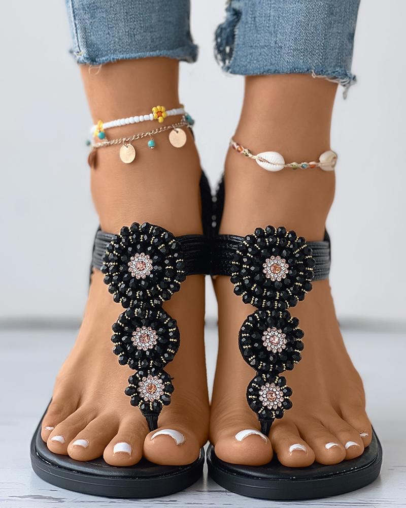 

Bohemian Slingback Toe Post Beaded Sandals, Black